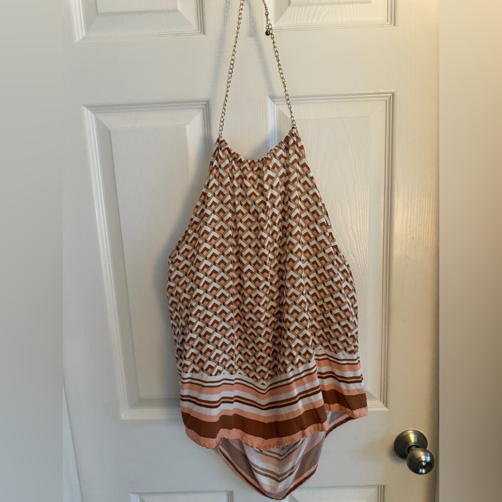 No Boundaries Chain Strap Halter Top - Brown, White, And Peach, Size XL